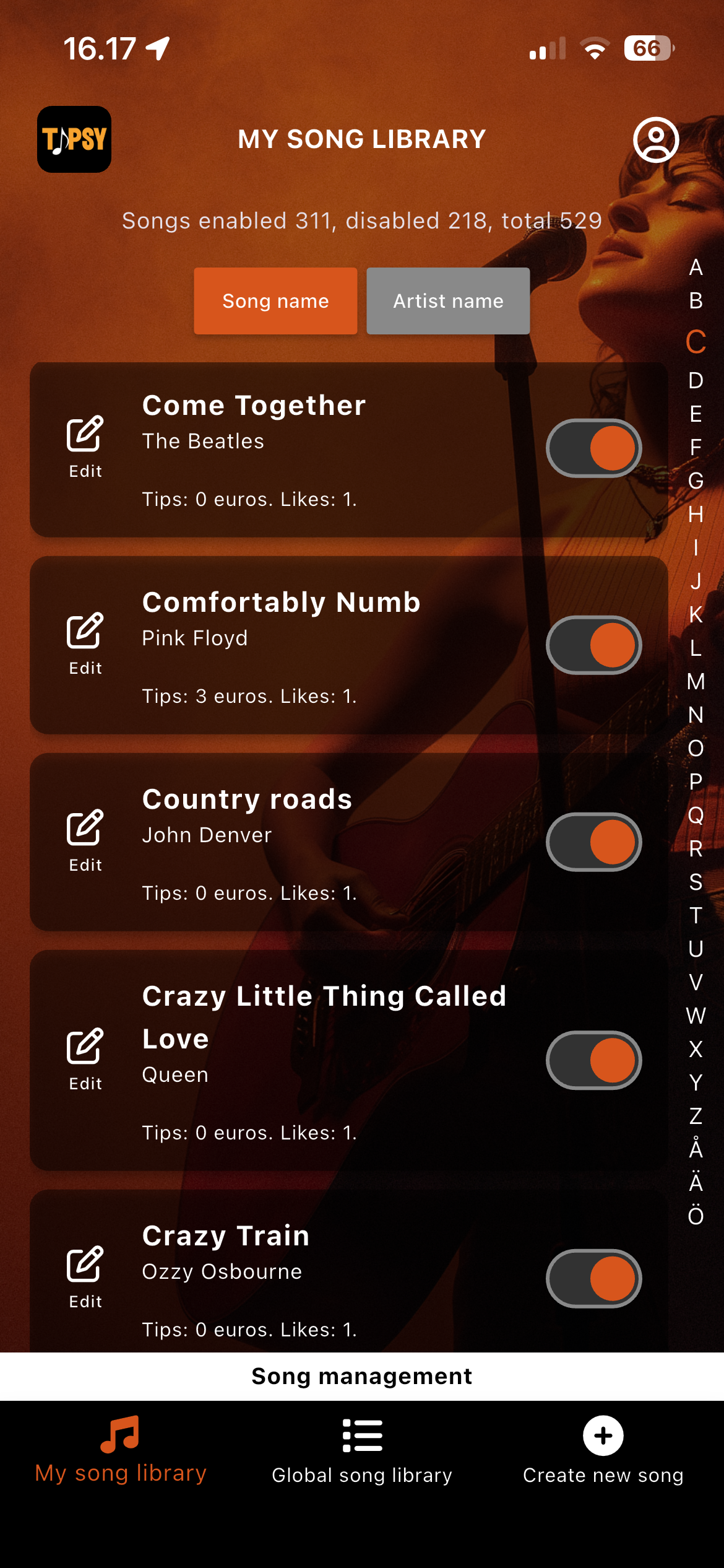 Artist managing song catalogue in Tipsy app